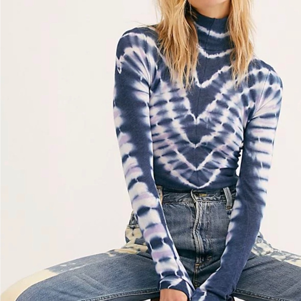 We The Free Navy and White Tie-Dye Mock Neck Long Sleeve Top